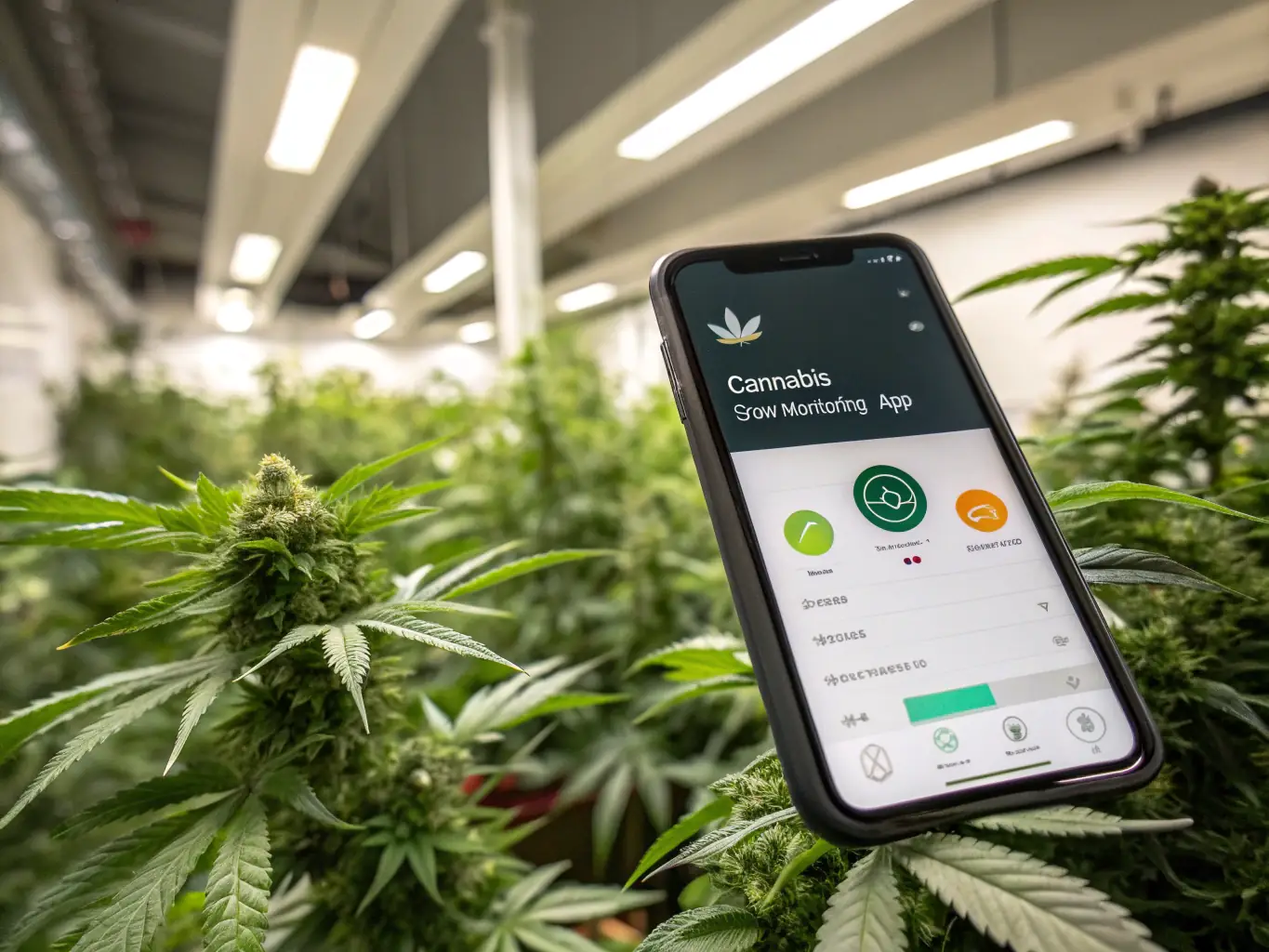 A digital interface showing real-time data from sensors monitoring a cannabis plant's environment, including temperature, humidity, and light levels.